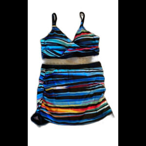 NEW Swimsuit  3 Piece Bikini Plus Size XL Women’s Blue Pink Stripes Skirt
